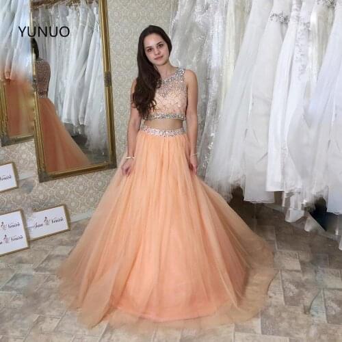 YUNUO A Line Two Pieces Evening Prom Dresses Vestidos Longo Prom Formal Gowns Full Length Tulle Beaded robe de soiree Long