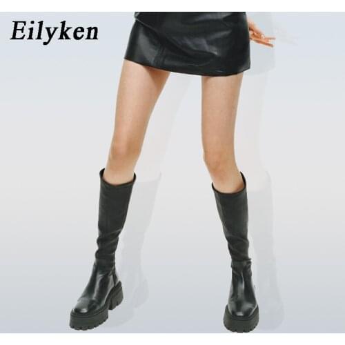 Eilyken Hot Sale Spring Autumn Fashion Non-Slip Thick Bottom Platform Low Heels Women Knee High Boots Woman Leather Shoes Size40