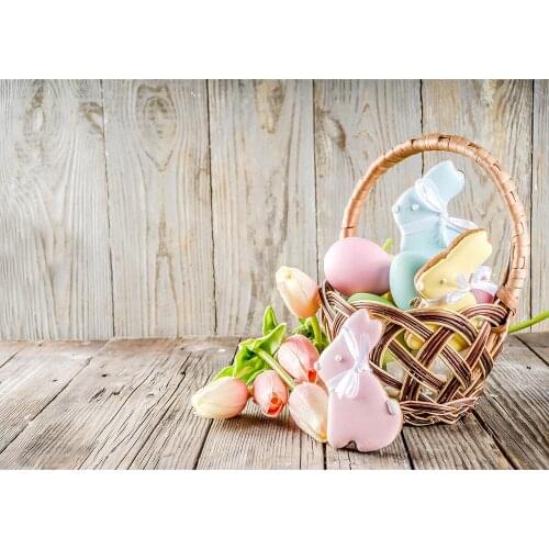 Basket Easter Eggs Rabbit Tulip Photographic Backdrop Custom Backgrounds for Baby Children Family Party Photoshoot Photo Studio