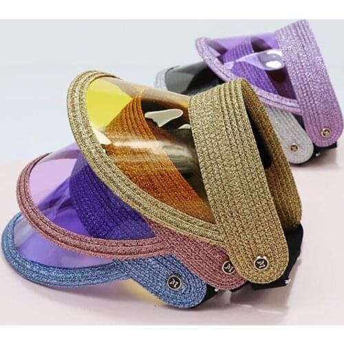 Hotsale Summer Womens Shiny Beach Hats Elastic Rope Adults PVC UV Protection Topless Sun Virsor Caps Parent-Child hats