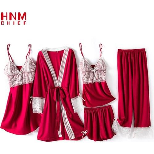 HNMCHIEF Red Women 's Pyjamas Sets 6 Pieces Satin Sleepwear Pijama Spring Summer Autumn Homewear Silk Nightgown Dresses For Lady