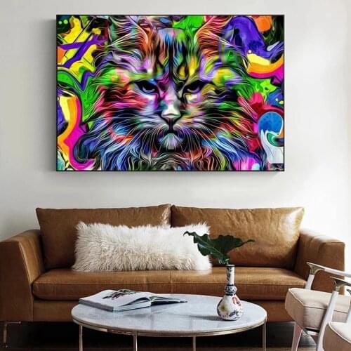 Canvas Paintings Abstract Psychedelic Cat Posters and Prints Colorful Animals Wall Art Pictures for Living Room Decor Picture