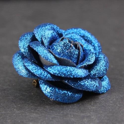 Classic Women Shining Sequins Artificial Leather PU Handmade Camellia Rose Flower Brooch Boutonniere Lapel Pin Dress Suit Collar