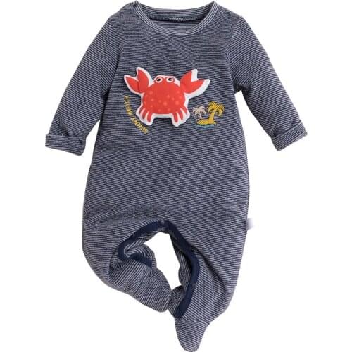 Newborn Baby Boys Girls Long Sleeve Cartoon Romper Clothes Crab Print Striped Jumpsuit Sleepwear