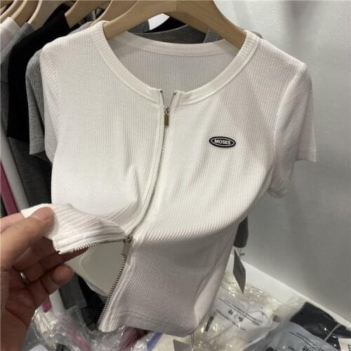 Korean Simple O-Neck Fashion Summer Knitted Short Sleeve Solid Color Zipper Preppy Style Cropped Sweater Knitted Cardigan