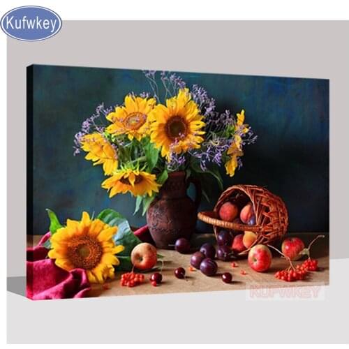 Kufwkey diy diamond painting"Sunflowers And Fruit"full square round rhinestone Embroidery mosaic pictures Still life kitchen art