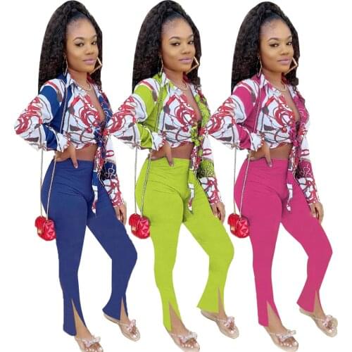 Fashion Streetwear Print Two Piece Set Sexy V Neck Lace Up Floral Print Shirt Top Slit Hem Flare Pants Slim Matching Set Outfits