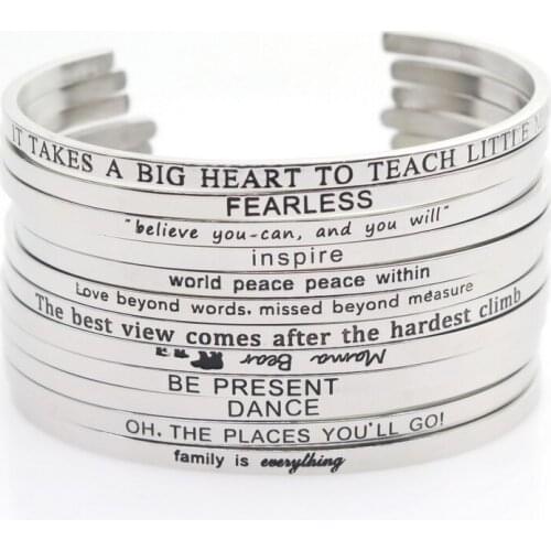 Stainless Steel 10pcs Mix Random Bangle Engraved Positive Inspirational Quote Hand Stamped Cuff Mantra Bracelet For Men Women