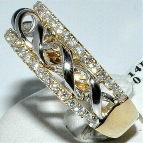 New fashion and all-around Gold Color womens ring hollow out two color zircon ring