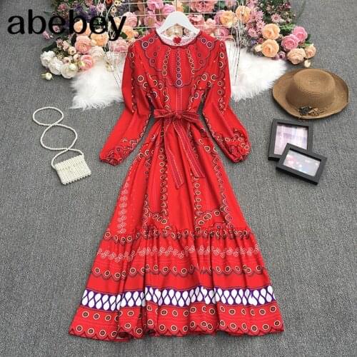 2021 New Summer Fashion All-match O-neck puff sleeve Dress lace up waist slim print Ruffles Dress