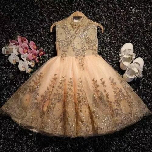 New Princess Dress Girls Wedding Dress Sleeveless Evening Dress Gold Sequins Dress For Girls Prom Dress