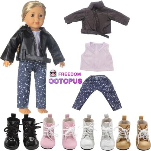 3 Pieces American Doll Clothes T-Shirt+Jacket Coat+Pants Leather Suit For 43cm New Bron Baby DIY Doll Best Gift