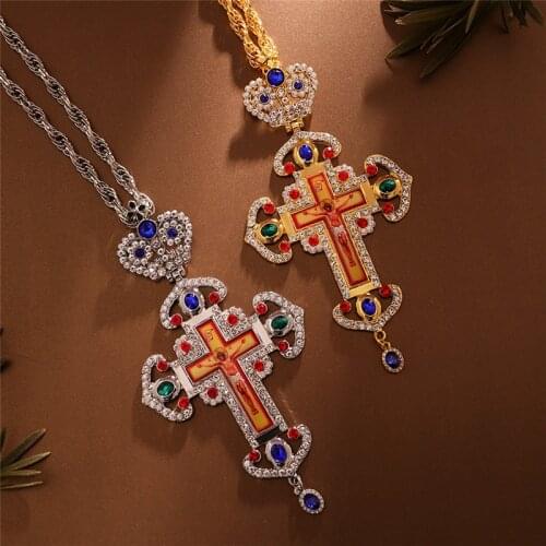 Orthodox Crucifix Jesus Cross Pendants & Necklaces Gold Color Crown Necklace Men Religious Jewelry Pastor Ketting Kolye