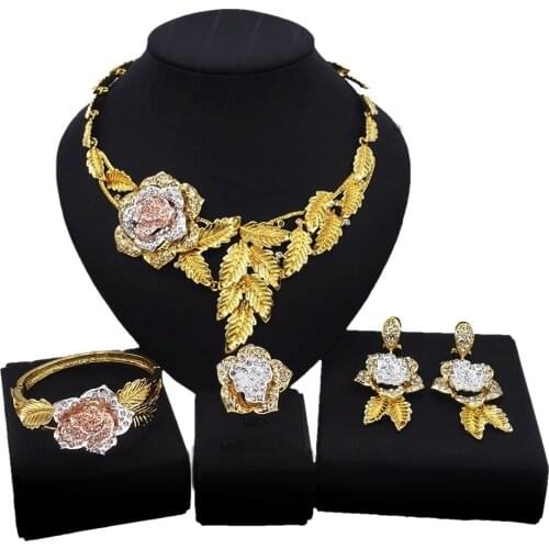 Yulaili Luxury Dubai Gold Jewelry Sets Crystal Necklace Earrings Bracelet Ring for Women Bridal Jewelery Set Accessories Gifts