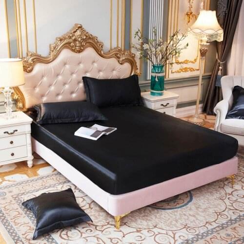 Papa&Mima Luxury Black Solid Bed Mattress Protective Cover Artificial Silk Print Satin Polyester Fitted Sheet Set Pillowcases