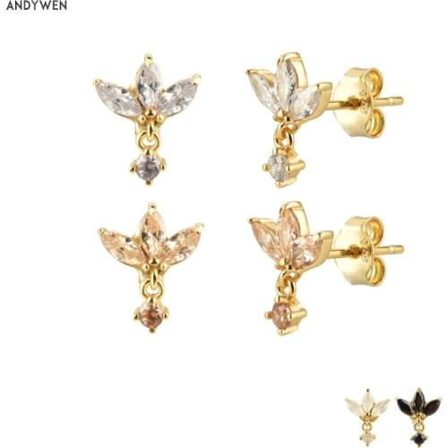 ANDYWEN 100% Real 925 Sterling Silver Gold Champagne Stud Earring Luxury Piercing Pendiente Ohrringe Rock Punk Jewelry