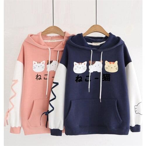 Drawstring Loose Sweatshirts Women Hooded Cat Cute Cotton Sleeve Tops Fashion Sweatshirt толстовка женская