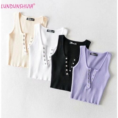 LUNDUNSHIJIA 2020 Summer Ribbed Short Tank Tops Women Solid Color Slim Camisole Tops Ladies Deep V-neck Vest Singlets