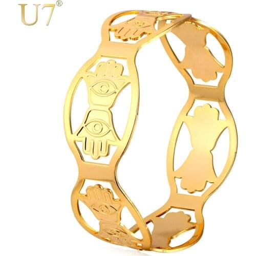 U7 Vintage Hamsa Hand Bangle Women Men Jewelry Wholesale Gold/Silver Color 3 Size Lucky Bracelets Bangles For Women H809