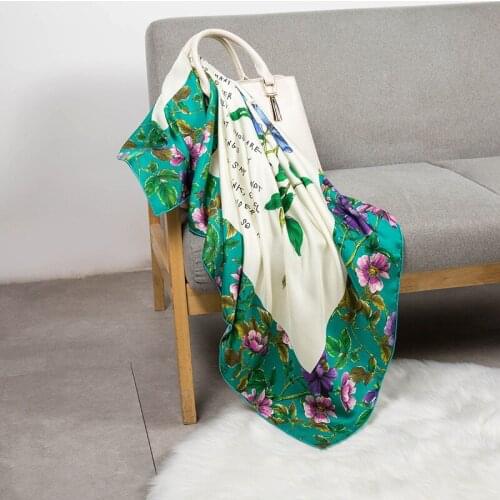 Luxury Hijab Silk Scarf For Women Square Shawl Floral Print Kerchief Green Neck Scarfs Female 90*90cm Scarves and Shawls Wraps