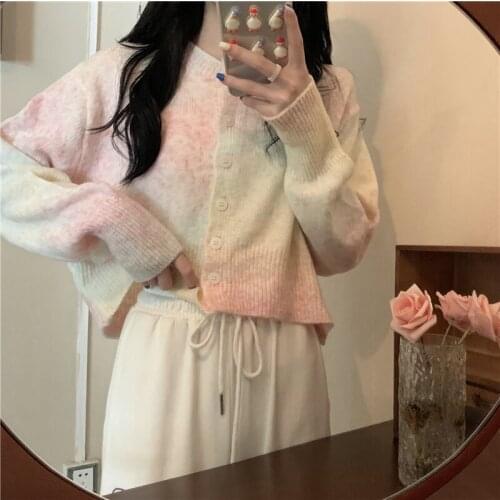 Autumn new rainbow color long-sleeved knitted cardigan sweater women