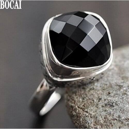100% 925 silver natural cut black stone ring for woman fashion personality S925 pure silver woman rings original silver jewelry