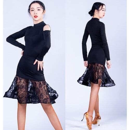Spring Latin Dance Dress For Women Sexy Long Sleeve Lace Splice Dress Practice Clothes Ladies Cha Cha Samba Salsa Dresses DL5640