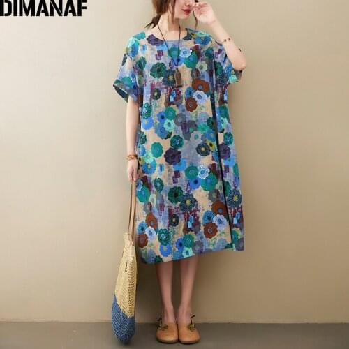 DIMANAF 2021 New Plus Size Summer Beach Dress Women Vestidos Sundress Floral Print Dress Oversize Cotton Linen Loose Casual Blue