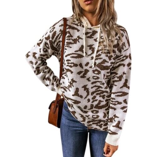 DANJEANER Winter Thick Leopard Hooded Sweater 2020 Women Drawstring Hooded Knitted Pullovers Long Sleeve Casual Warm Jumpers