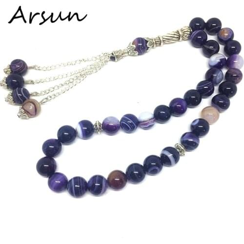 Purple Color 100% Original Natural Colorful Stone Muslim 33 Prayer Beads Islamic Allah Prayer Rosary Tesbih Islam Misbaha