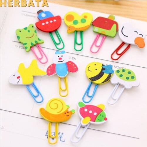 12PCS/LOT Cute Cartoon Animal Pattern Wooden Paper Note Clips Bookmark Paper Clip Stationery Learning Office Supplies CL-2602