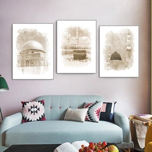 Allah Islamic Canvas Painting Wall Art Poster Muslim Building Printing Nordic Picture Mosque for Home House Decor Cuadros