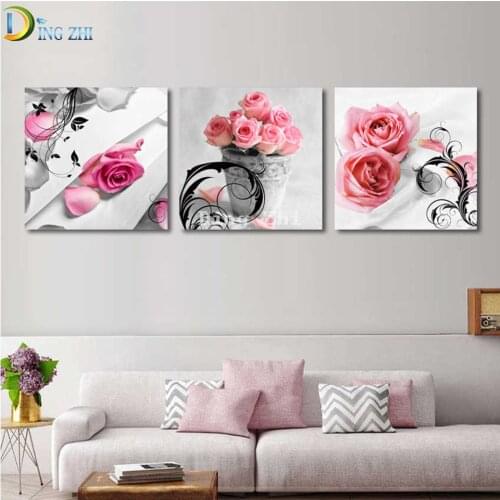 5D DIY Diamond Painting Triptych Modern Minimalist Pink Rose Full Diamond Mosaic Embroidery Flower Living Room Decor 3 Piece Kit