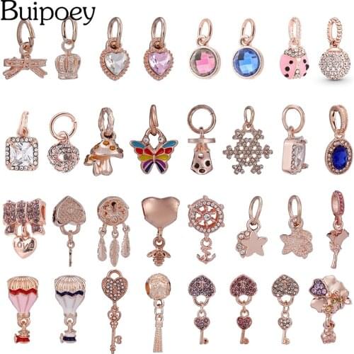 Buipoey Rose Gold Crystal Heart Dangle Bead Mushroom Charm Fit Diy Bracelets Necklace Butterfly Pendant Rudder Jewelry Accessory