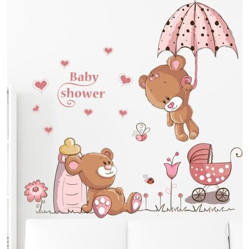 Cartoon Animal Baby Bear Wall Stickers For Kids Room Bedroom Living Room Decoration Heart Umbrella Bears Wall Decals Home Decor