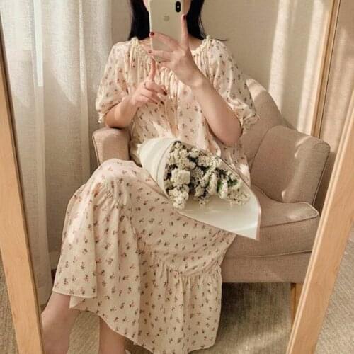 Ins Style Sweet Ladies Nightgowns Spring Summer Long Dress Nightwear Floral Cotton Sleepwear Nightshirt Women Loose Nightdress