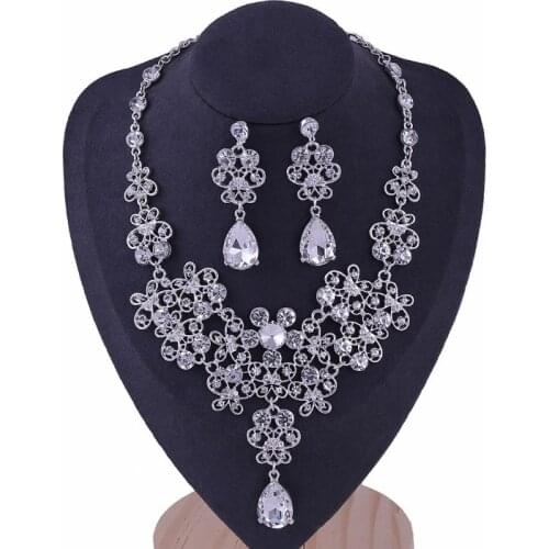 Fashion Crystal Clip Earrings Necklace Set Bridal Wedding Costume Jewelry Sets Luxury Bride set Jewellery Gifts for Women