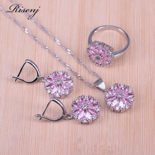 Risenj Vintage Pink Austrian Crystal Pendant Necklace Earrings Set For Women Accessory Fine Silver Color Jewelry set