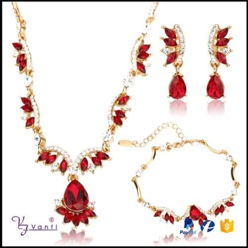 Water drop red crystal rhinestones gold jewelry set bracelet earrings necklace ring wedding jewelry set for brides