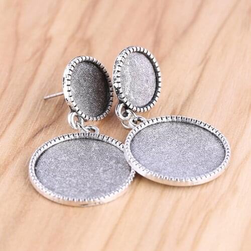 Reidgaller 5pairs Fit 12mm 20mm round cabochn earring stud base antique silver blank cameo bezel settings for earrings making