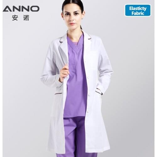 ANNO Long Sleeve Lab Uniforms With Spandex Elastic Work Out Wear Pharmacy White Coat Chemistry Male Female White Doctor Gown