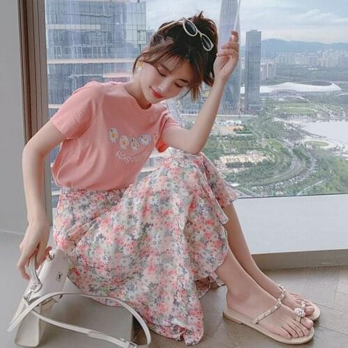 2021 Summer New Girls Sweet Daisy T-shirt Skirts Sets Women Leisure Print Floral Clothing Student Fashion Pink Slimming Dresses