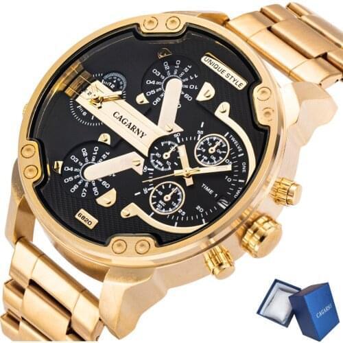 Cagarny Gold Relogio Masculino Men Watches Luxury Brand Mens Watch Dual Display Steel Military Quartz Wristwatch reloj hombre