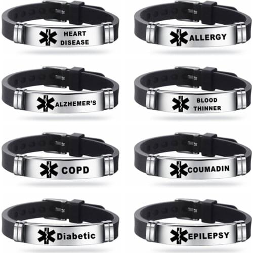 Mens Medical Alert ID Silicone Bracelet ICE Bangles Wristband Adjustable Length For Men Women Child Jewelry Type 1 Diabetes
