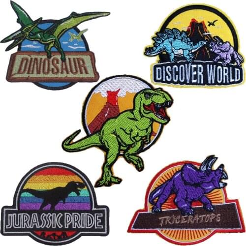 Jurassic Park Iron on Patches Embroidery Pride Patches Darns Cover Stickers on Clothes Dinosaur Appliques Discover World Logo
