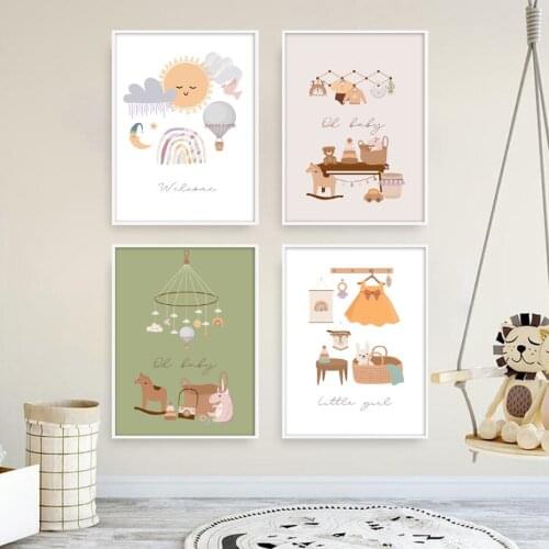 Cartoon Animal Wall Art Orange Balloon Rainbow Dress Canvas Painting Green Horse Rabbit Deer for Baby Nursery Room Home Decor