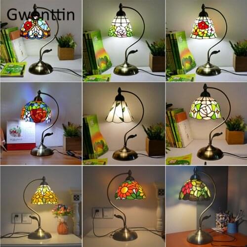 Mediterranean Tiffany Flower Table Lamps Stained Glass Desk Lamps for Bedroom Living Room LED Standing Light Fixtures Home Decor