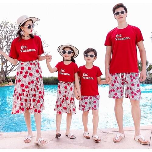 New Summer family look clothing father Boy cotton Red T shirts & Shorts 2pcs/sets mother Girl Flower Skirt sets Family outfits