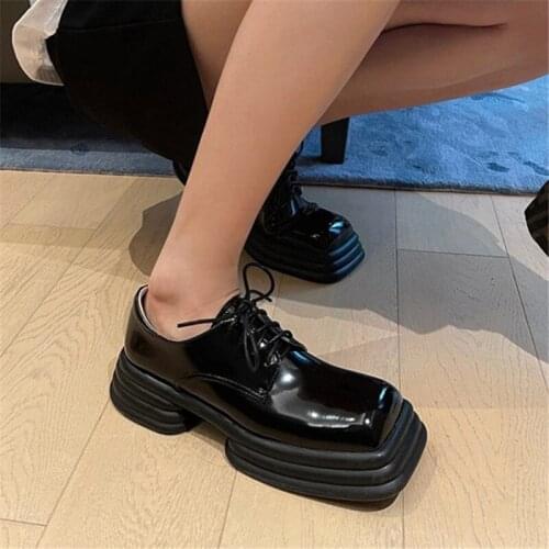 PXELENA Vintage British Women Oxfords Lace Up Real Genuine Leather Shoes 2021 Spring Fall Square Toe Block Heels Punk Gothic 39