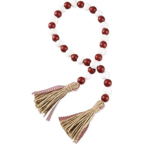 Christmas Wood Bead Garland with Tassels,Rustic Farmhouse Tiered Tray Holiday Decorations,Red and White Wooden Bead